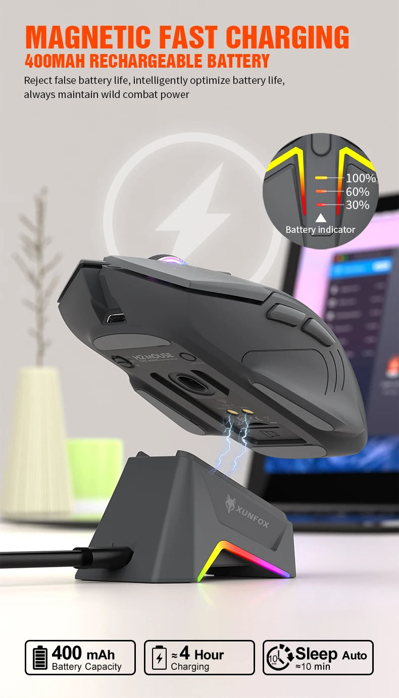 Rato XUNSVFOX H2 sem fios Bluetooth de modo duplo, iluminação RGB, para portátil, gaming e escritório, com carregamento magnético