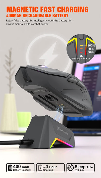Rato XUNSVFOX H2 sem fios Bluetooth de modo duplo, iluminação RGB, para portátil, gaming e escritório, com carregamento magnético