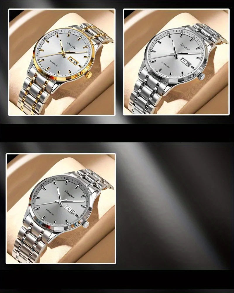 Pánské mechanické hodinky s automatickým nátahem značky Dianpai – luxusní model, luminiscenční displej, klasický a elegantní design, z nerezové oceli, vodotěsné, s kalendářem a označením dne v týdnu