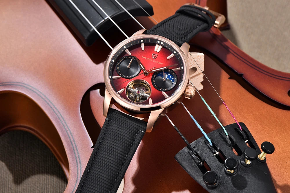 PAGANI DESIGN – Luxusné mechanické pánske hodinky, 41 mm, zafírové sklo, kožený remienok, vodotesné, v štýle pilotných hodín, s tourbillonom a fázou mesiaca