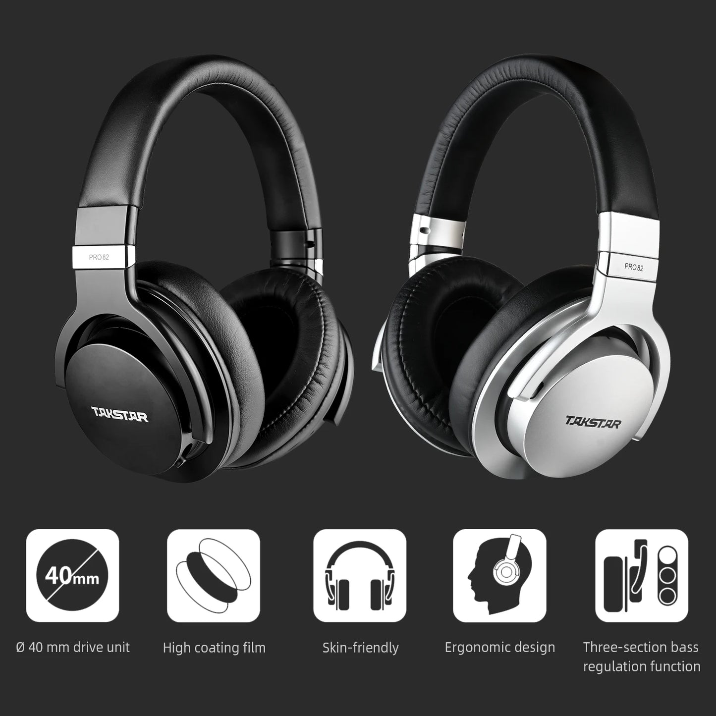 Takstar PRO82 Cuffie Monitor Professionali – Headset da Studio Cablato HiFi Stereo per Registrazione, Gaming e Suono di Precisione con Bassi Regolabili