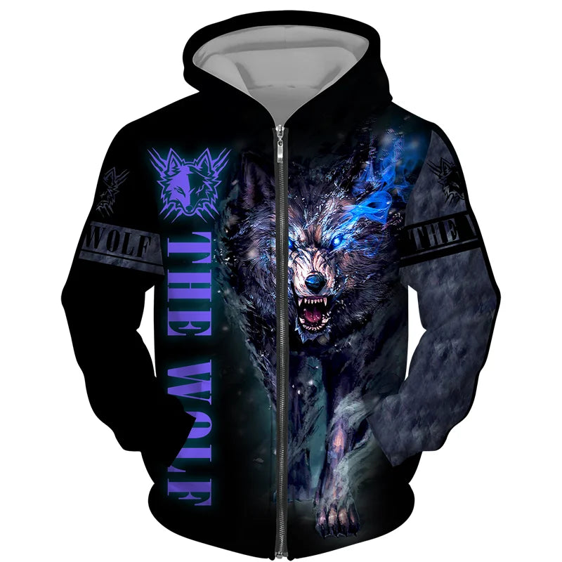 Sweat à capuz com fecho e estampado 3D de lobo, estilo streetwear, para homem/mulher, casaco com capuz unissexo casual hip-hop