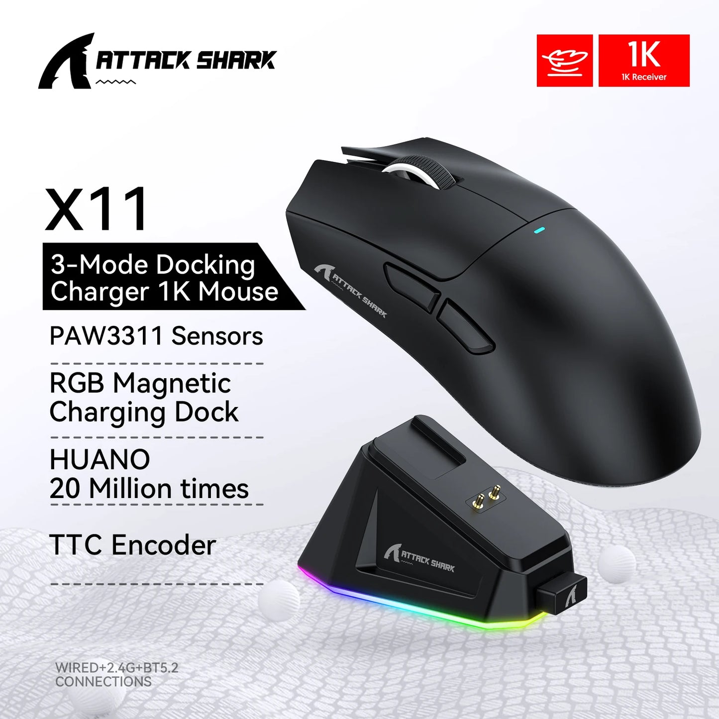 Attack Shark R1/X11 Tri-Mode kabellose Gaming-Maus 18K DPI PAW3311 Bluetooth/2.4GHz/kabelgebunden leicht programmierbar für PC/Laptop