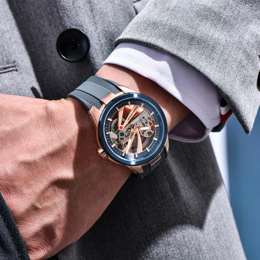 Reloj para hombre PAGANI DESIGN: modelo mecánico automático de lujo, tipo «esqueleto» (con corazón abierto), dotado de un tourbillon, cristal de zafiro con tratamiento antirreflectante, hermético y luminiscente.