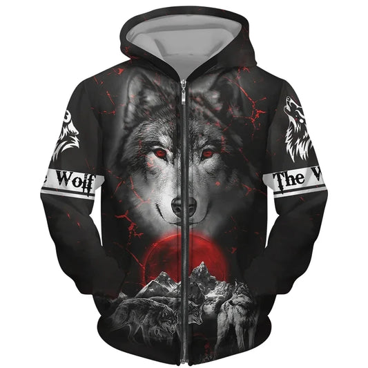 Felpe con cappuccio e zip con stampa 3D lupo, moda uomo/donna, giacca streetwear con cappuccio unisex, pullover casual hip hop