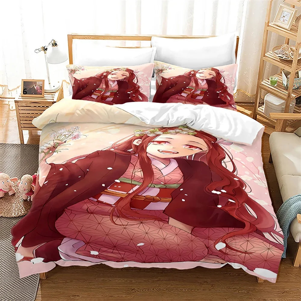 Nezuko Kamado patalynės komplektas, anime „Demon Slayer“ antklodės užvalkalas, patalynė, Single Twin Full Queen dydžiai, 3D dovana vaikams, mergaitėms ir berniukams