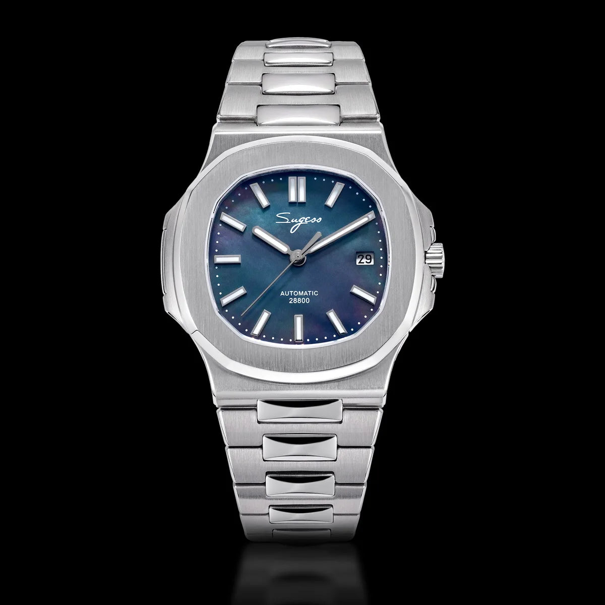 Sugess Herrenuhr, automatische mechanische Armbanduhr, Miyota 9015 Uhrwerk, MOP-Zifferblatt, Leuchtfunktion, wasserdicht bis 5bar, Luxus-Armband S466
