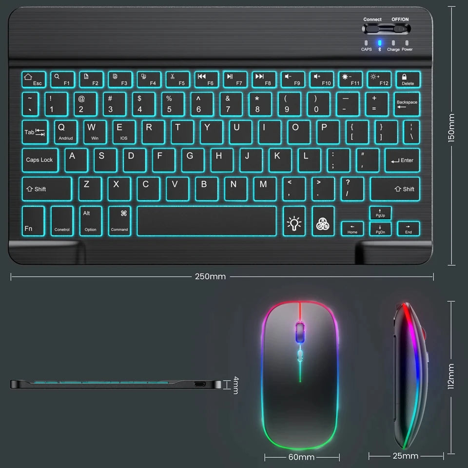 Mini-RGB-Tastatur mit Hintergrundbeleuchtung, 10 Zoll, Bluetooth, kabellose Maus, wiederaufladbar, für Spanisch, Russisch, Hebräisch, Koreanisch, Französisch, Arabisch, Portugal