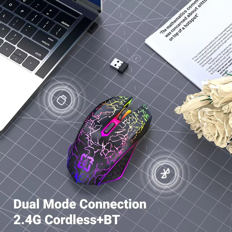 Ratón inalámbrico Bluetooth 2.4GHz recargable con retroiluminación RGB, 1600 DPI, diseño ergonómico, ratón gaming para PC, portátil y Macbook