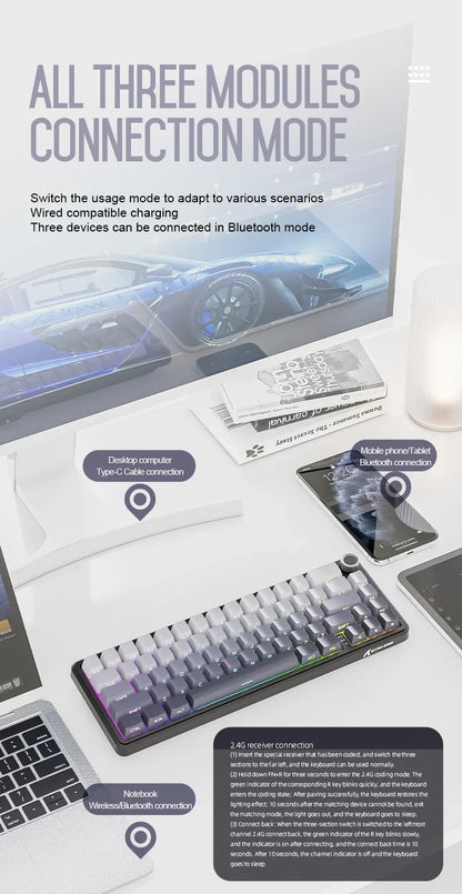 Attack Shark X66 Tastiera meccanica wireless 65% layout compatto, retroilluminazione RGB, gasket mount, hot swap, Bluetooth, USB-C, PBT, batteria ad alta capacità
