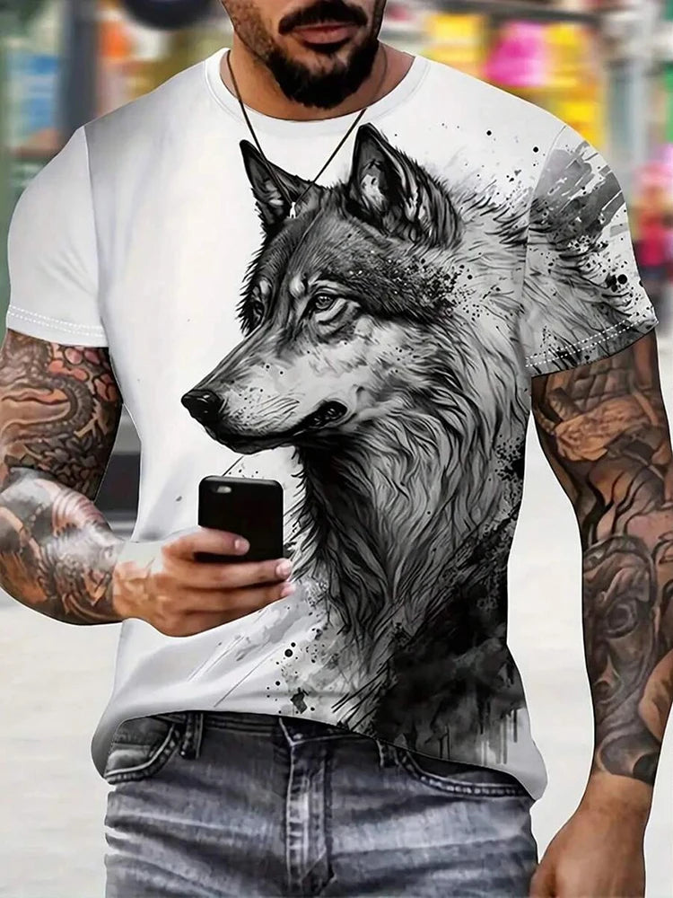 T-shirt de homem com estampado de lobo e olhos diferentes — T-shirt casual diária masculina, moda urbana streetwear, manga curta, verão, desporto ao ar livre