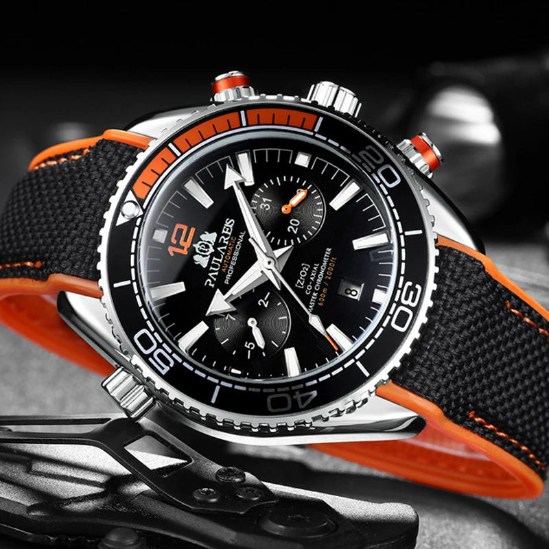 PAULAREIS P Reloj mecánico automático de lujo para hombre, cuerda automática, correa de caucho, resistente al agua, luminoso, con fecha, reloj de moda para hombre