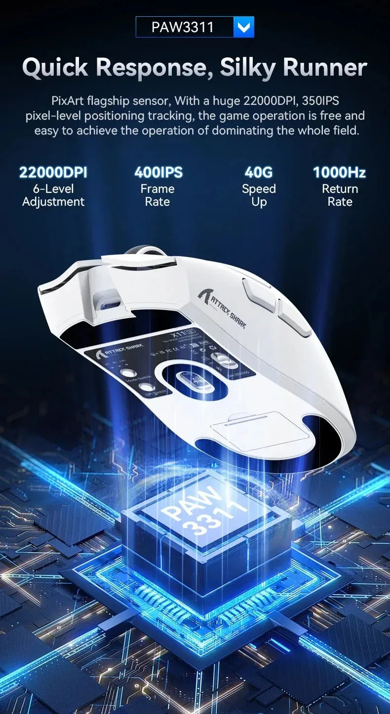 Rato Gaming Sem Fios Ultraligeiro ATTACK SHARK X11SE, vida útil de 20 milhões de ciclos, PAW3311 Gaming, 22KDPI, 400IPS, 40G, 1KHz, 65 horas, 30mAH