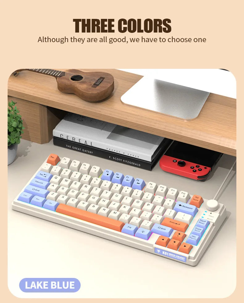 Teclado Gaming K81 com 81 Teclas, Layout 80%, Espanhol, Russo, Coreano e Árabe, USB com Fio, Luz RGB, Botão de Volume, Ergonómico