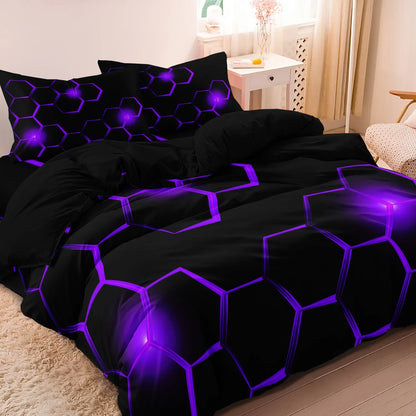 Conjunto de Capa de Edredão 3D Geométrica com Padrão Hexagonal em Favo de Mel, 3 Peças, Roupa de Cama em Poliéster Colorido com Impressão Digital e Fecho de Correr