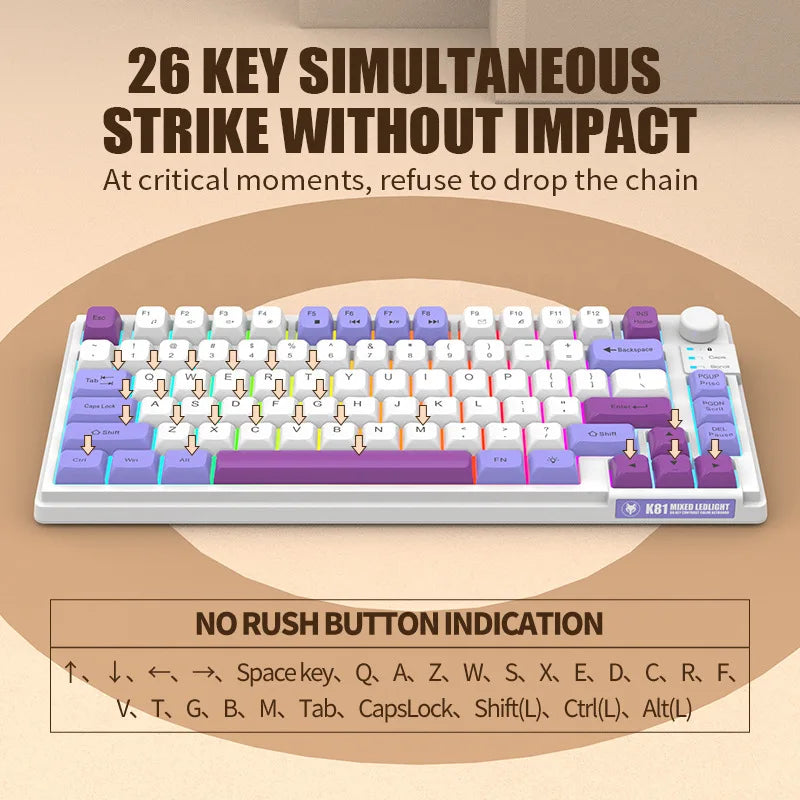 Teclado Gaming K81 com 81 Teclas, Layout 80%, Espanhol, Russo, Coreano e Árabe, USB com Fio, Luz RGB, Botão de Volume, Ergonómico