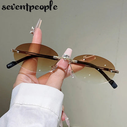 Rimless Oval Sunglasses Women 2026 Luxury Brand Vintage Small Frame Gold Metal Gradient Lens Y2K Punk Streetwear Fashion Eyewear