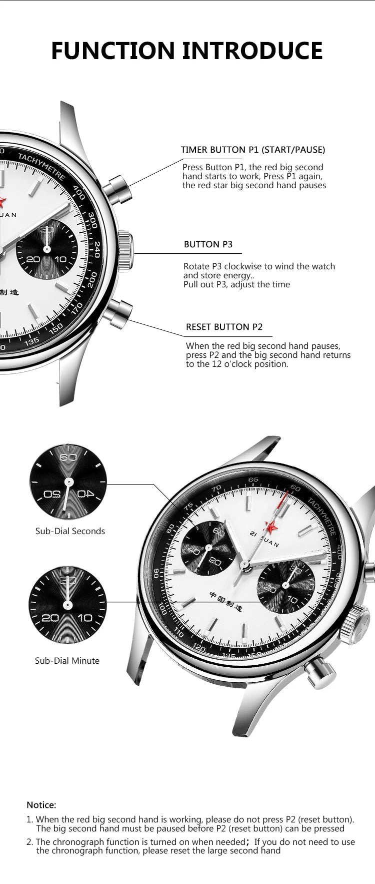 Red Star Panda Men's 1963 Chronograph Mechanical Wristwatch Seagull ST1901 Movement Gooseneck 40mm Luminous Sapphire Pilot Watch