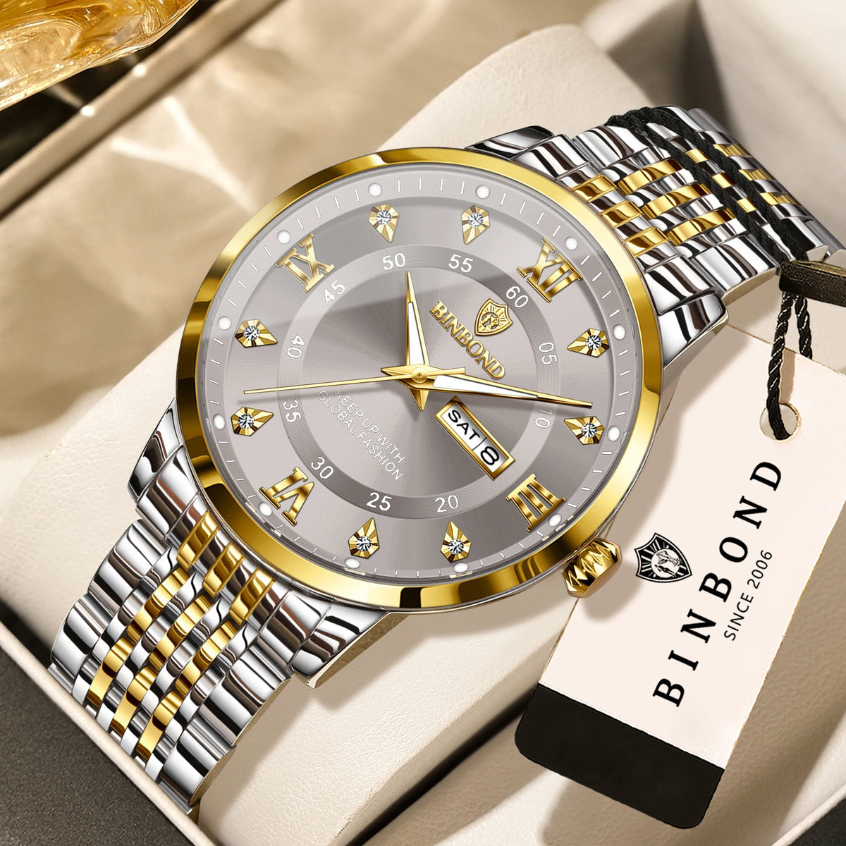 BINBOND luxury quartz wristwatch for men – Water-resistant, luminous, with day-of-the-week display – Business, sport, fashion and casual styles