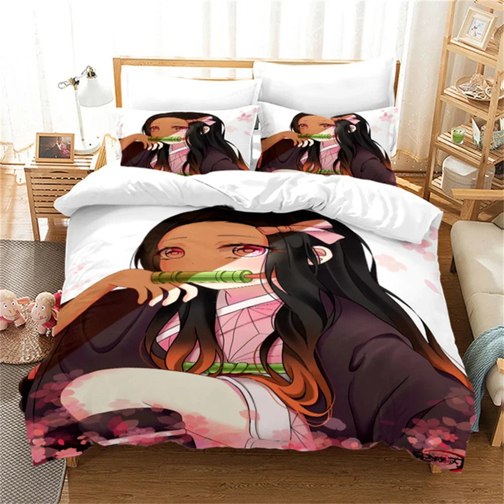 Nezuko Kamado patalynės komplektas, anime „Demon Slayer“ antklodės užvalkalas, patalynė, Single Twin Full Queen dydžiai, 3D dovana vaikams, mergaitėms ir berniukams