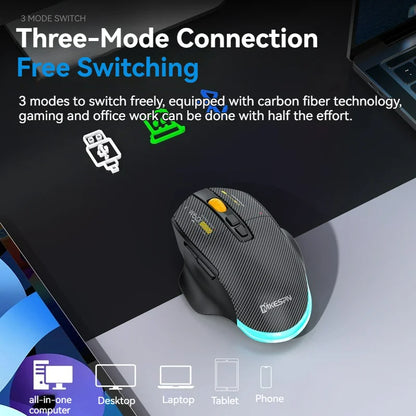 Mouse gaming tri-mode 12800DPI 2.4G Wireless Bluetooth cablato in fibra di carbonio, pulsante silenzioso, programmazione macro, 500mAh, 7 tasti