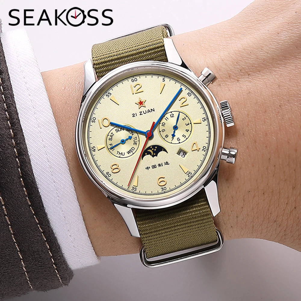 SEAKOSS Automatic Mechanical Wristwatch 1963 with Seagull ST1654 Movement 24H-Hour Display Air Force Pilot Calendar Men's Watches