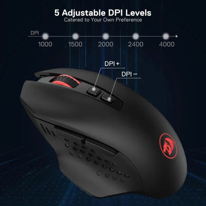 Ratón gaming inalámbrico Redragon M656 Gainer, 4000 DPI, ratón gamer inalámbrico 2.4Ghz con 5 niveles de DPI, 7 botones macro, retroiluminación LED roja