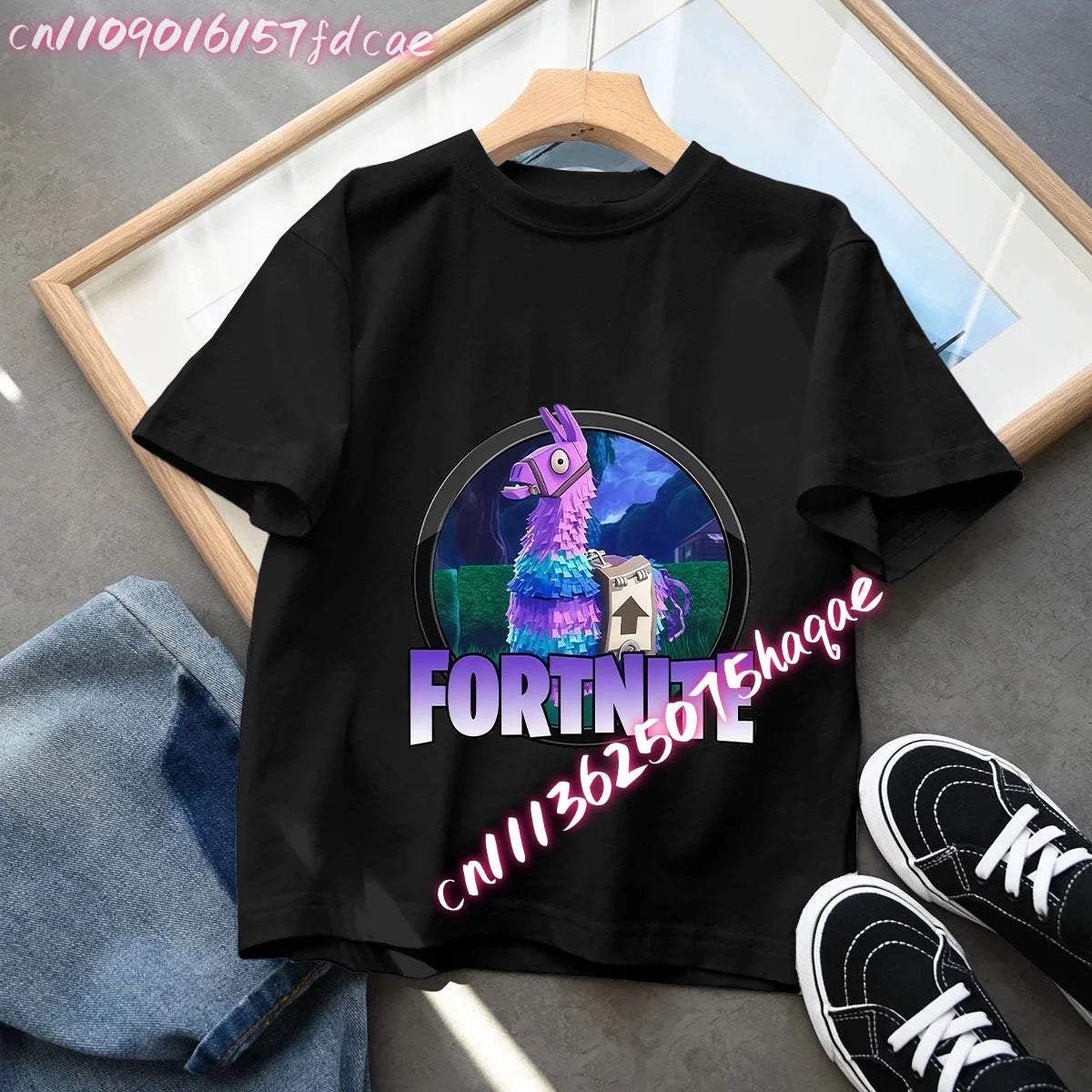 T-shirt preta em algodão para criança Fortnites Fortress Night, manga curta, estilo cartoon, para menino e menina, roupa de verão kawaii, top para oferta