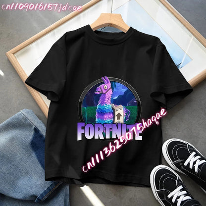 T-shirt preta em algodão para criança Fortnites Fortress Night, manga curta, estilo cartoon, para menino e menina, roupa de verão kawaii, top para oferta