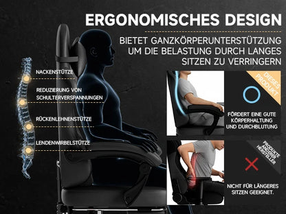 Cadeira Gaming Ergonómica PINGGO com Apoio para os Pés, Massagem, Pele PVC, Cadeira de Escritório para PC Gaming, Capacidade de Peso 150kg