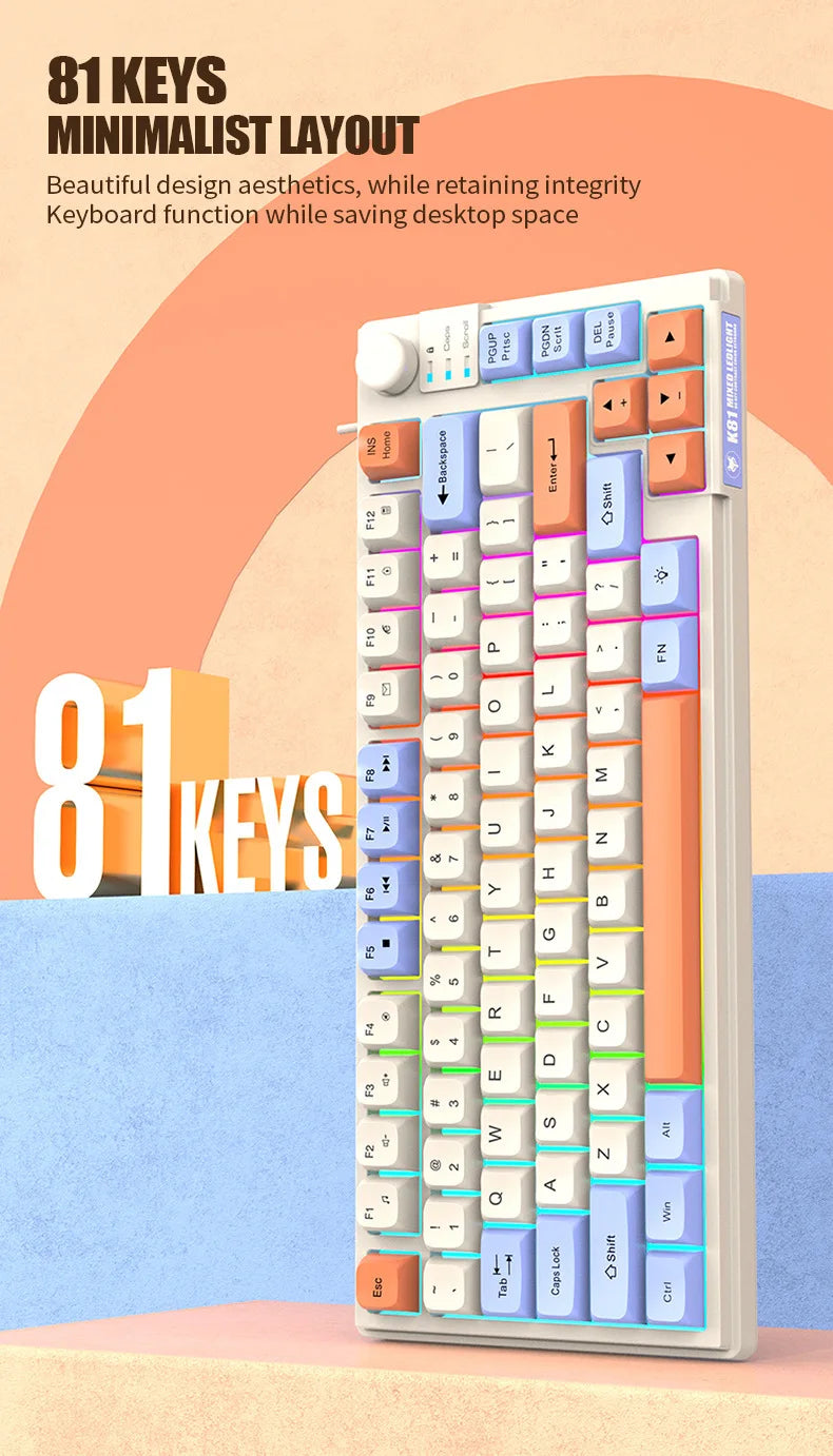 Teclado Gaming K81 com 81 Teclas, Layout 80%, Espanhol, Russo, Coreano e Árabe, USB com Fio, Luz RGB, Botão de Volume, Ergonómico