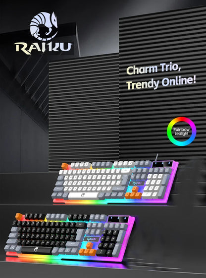 Teclado individual e conjunto teclado + rato RAIKU T26 de três tons com iluminação, teclado e rato com fios, toque mecânico, conjunto gaming