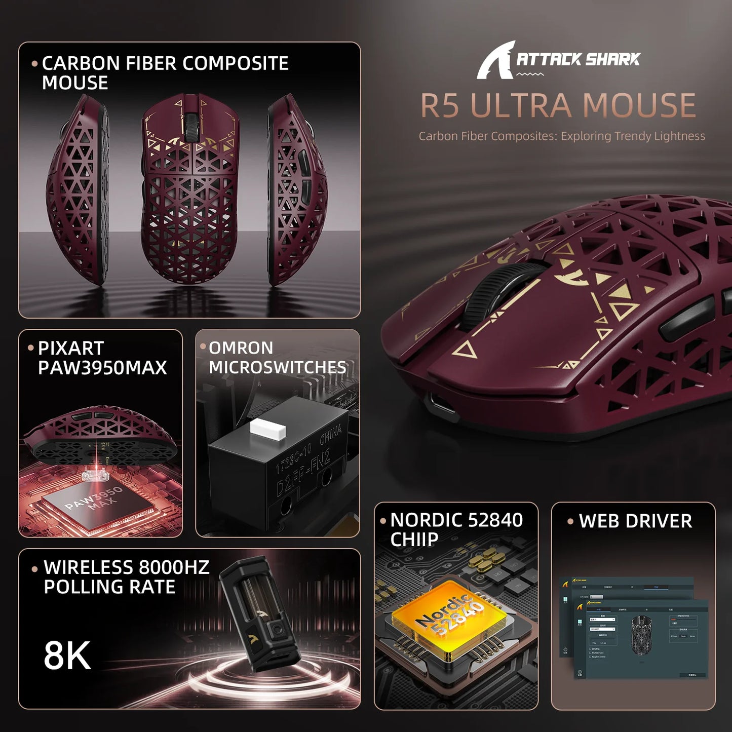 Rato Gaming Sem Fios ATTACK SHARK R5 Ultra em Fibra de Carbono, Sensor Gaming PixArt PAW3950MAX, 42000DPI, 8000Hz, MCU Nordic 52840