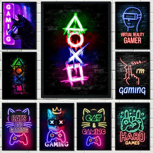 Póster Nordic Cat e Citações de Comando Gaming em Tela Moderna para Arte de Parede e Decoração Mural de Quarto Gamer para Rapazes e Raparigas (não néon)