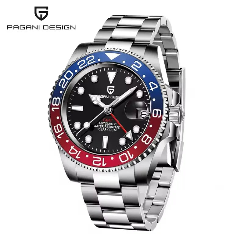 Montre mécanique pour homme PAGANI DESIGN (40 mm) – Cadran violet, fonction GMT, bracelet type Jubilee, verre saphir, étanche, mouvement automatique