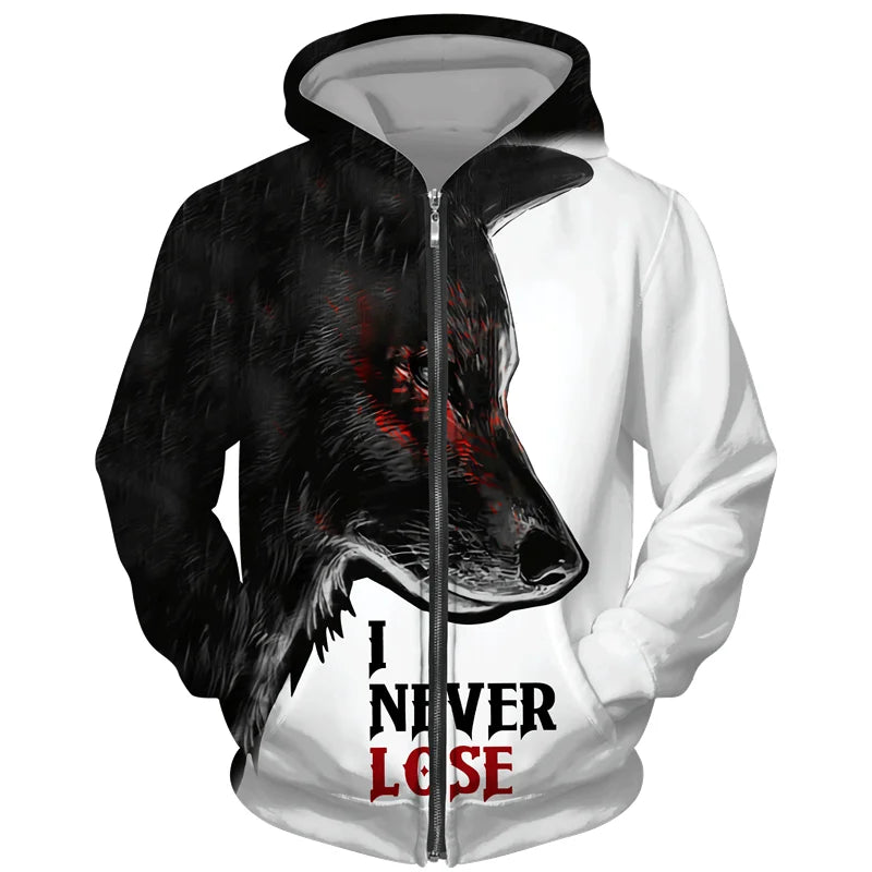 Sweat à capuz com fecho e estampado 3D de lobo, estilo streetwear, para homem/mulher, casaco com capuz unissexo casual hip-hop
