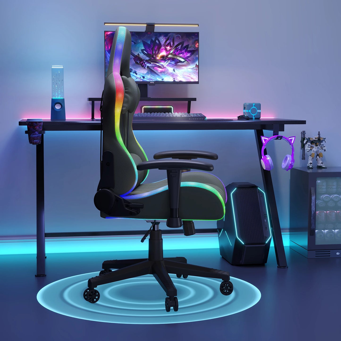 Comanlai Ergonomic Gaming Chair with RGB LED Lights Massage Lumbar Pillow Adjustable Recline Height Game Chair for Office Gaming