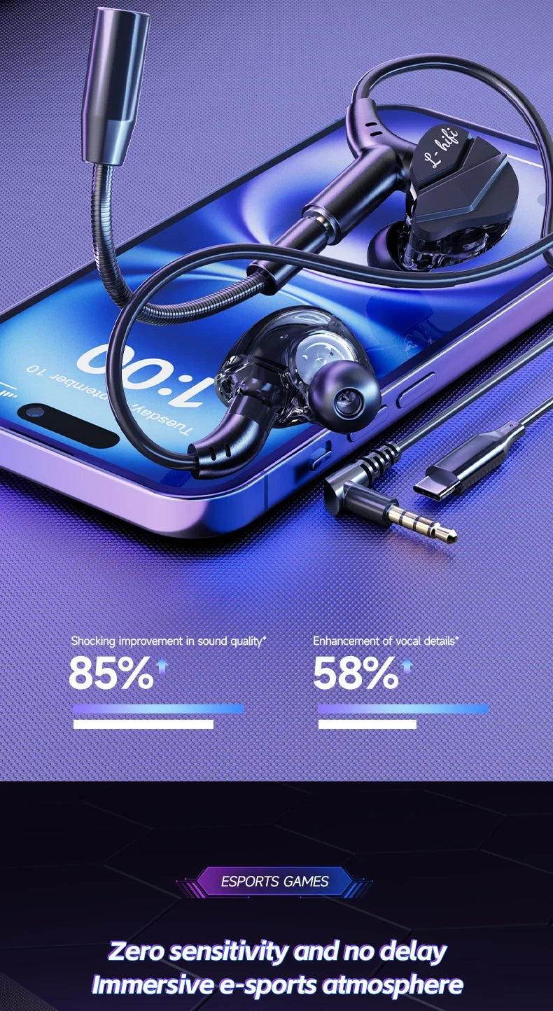 Gaming Earbud Gamer Headphone With Dual Microphones Typec&3.5mm In-ear Earphones HiFi Stereo Headsets Sport with Mic for Samsung