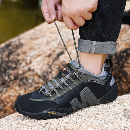 Sapatos de montanhismo para homem em couro genuíno, calçado desportivo outdoor antiderrapante, sapatos de montanhismo e caminhada respiráveis para turismo