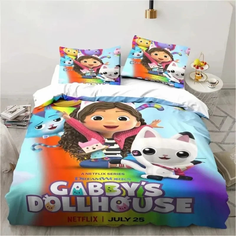 Gabbys Dollhouse 3D-gedrucktes Bettwäsche-Set mit Bettbezug und Kissenbezug, Twin Full King, für Kinder und Erwachsene, Schlafzimmer