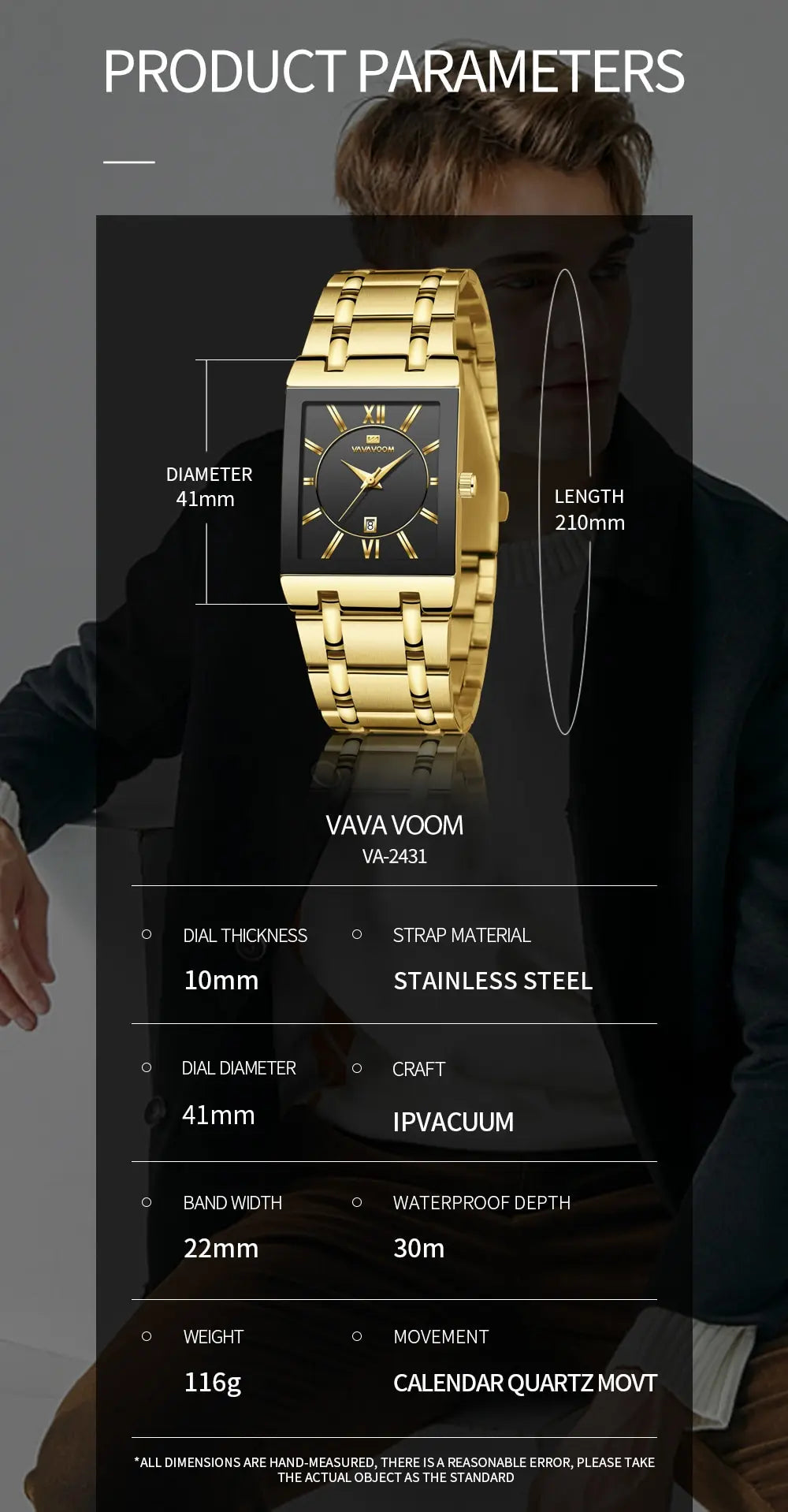 Men Business Watch Simple Design Luxury Fashion Rectangular Black Gold Stainless Steel Calendar Waterproof Quartz Men's Watches