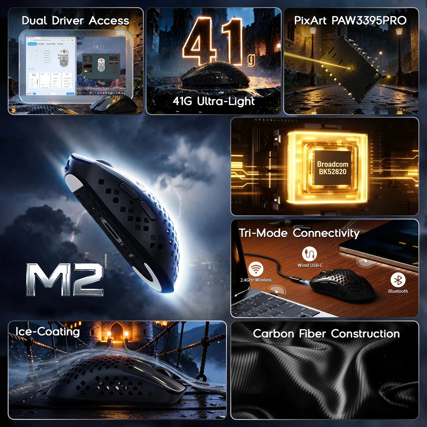 Rato Gaming Sem Fios Ultra-Leve MAMBASNAKE M2, Sensor PAW3395PRO 40000 DPI, Fibra de Carbono 41g, Tri-Mode
