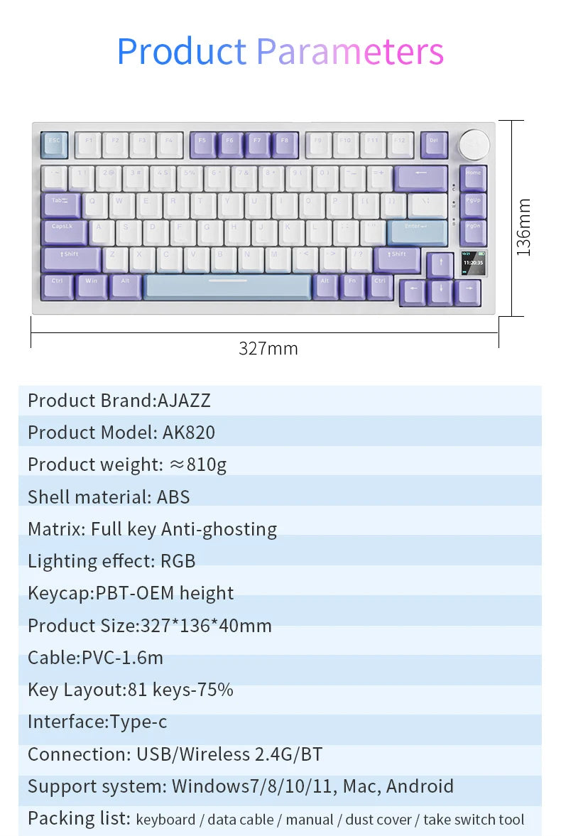 AJAZZ AK820 Pro kabelgebundene & kabellose mechanische Gaming-Tastatur, Tri-Mode, RGB-Hintergrundbeleuchtung, Hot-Swappable-Switches, kompaktes 70%-Layout, PC/Mac