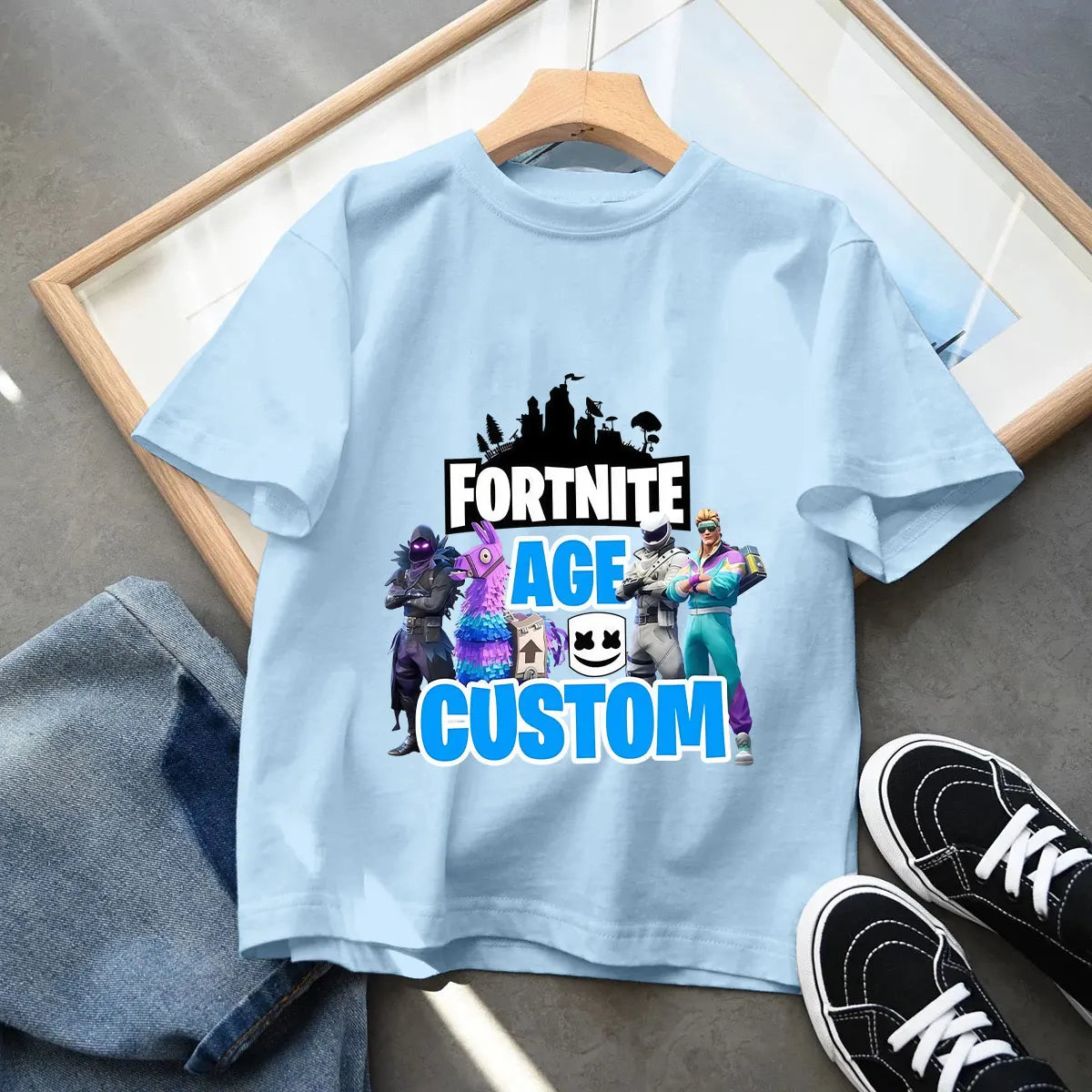 T-shirt azul de algodão Fortnite para criança, camisola de manga curta Fortress Night para bebé, top kawaii com desenho animado para menino e menina, roupa de verão, prenda