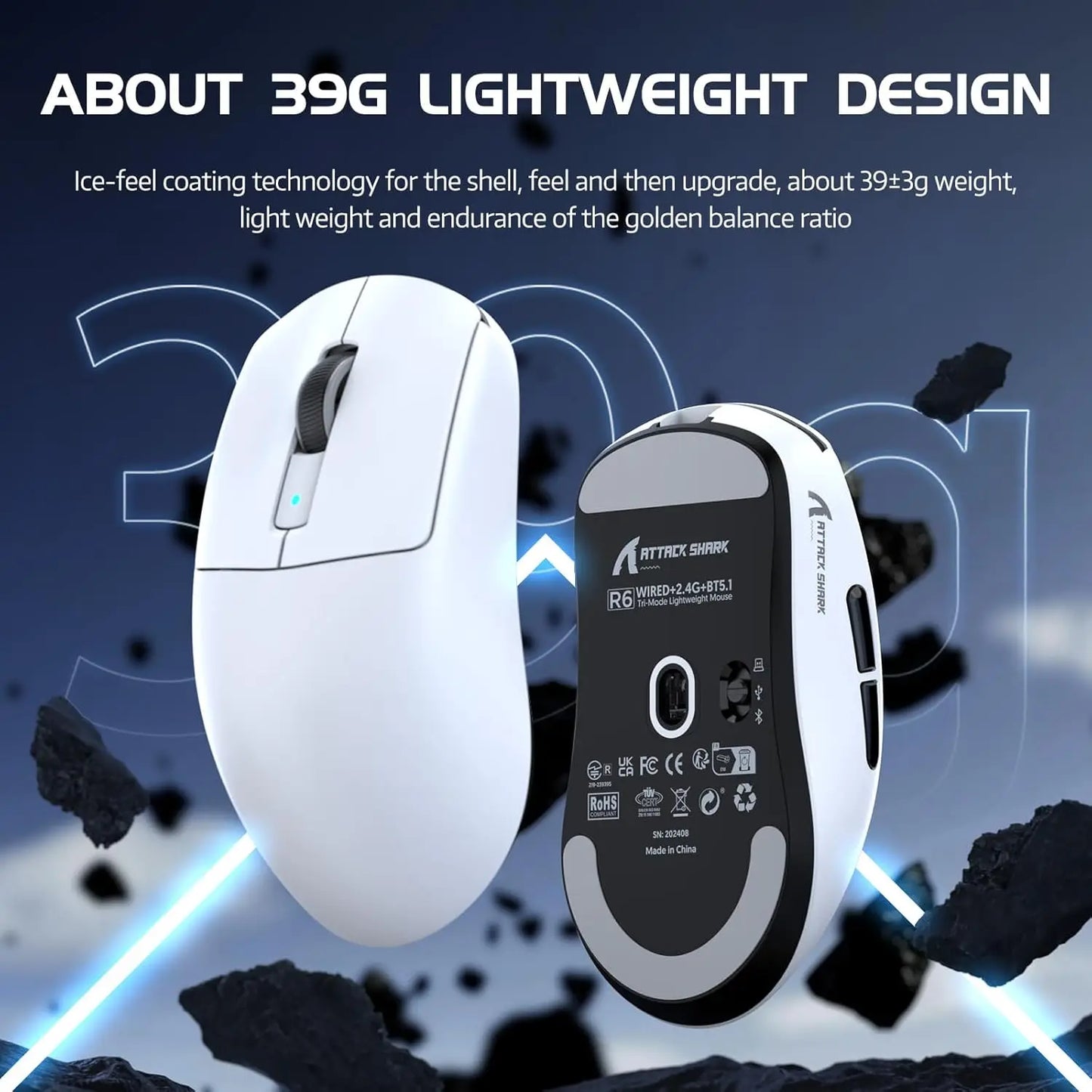 Attack Shark R6 leichte kabellose Gaming-Maus, Computermaus mit PAW 3950Max Sensor und Nordic 52480, 8KHz Polling