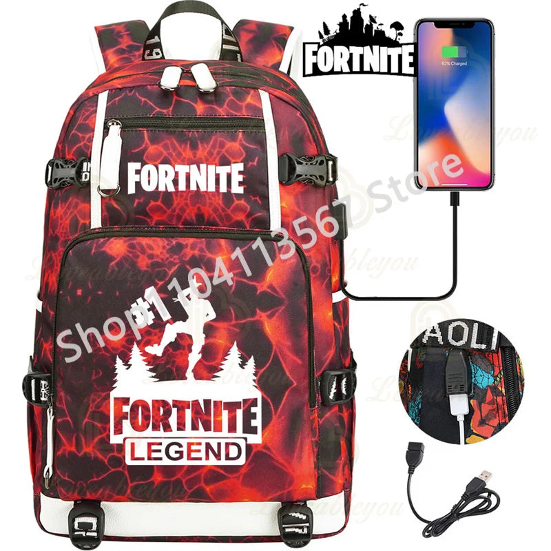Mochila Yule Trooper F-Fortnited Battle Royale com carregamento USB, figuras anime e compartimento para material escolar para estudantes