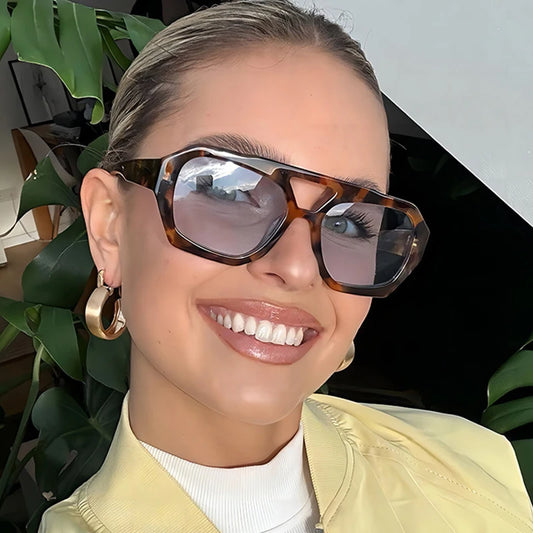 Fashion Pilot Oversized Sunglasses For Women New Double Bridges Sun Glasses Female Retro Square Leopard Purple Eyewear Trendy