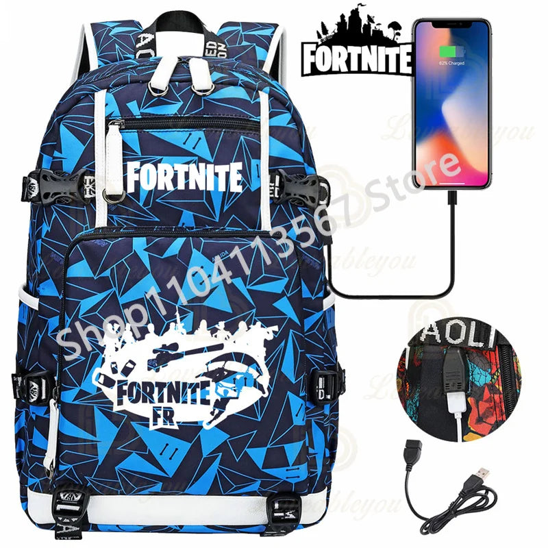 Mochila Yule Trooper F-Fortnited Battle Royale com carregamento USB, figuras anime e compartimento para material escolar para estudantes