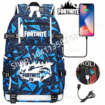 Mochila Yule Trooper F-Fortnited Battle Royale com carregamento USB, figuras anime e compartimento para material escolar para estudantes