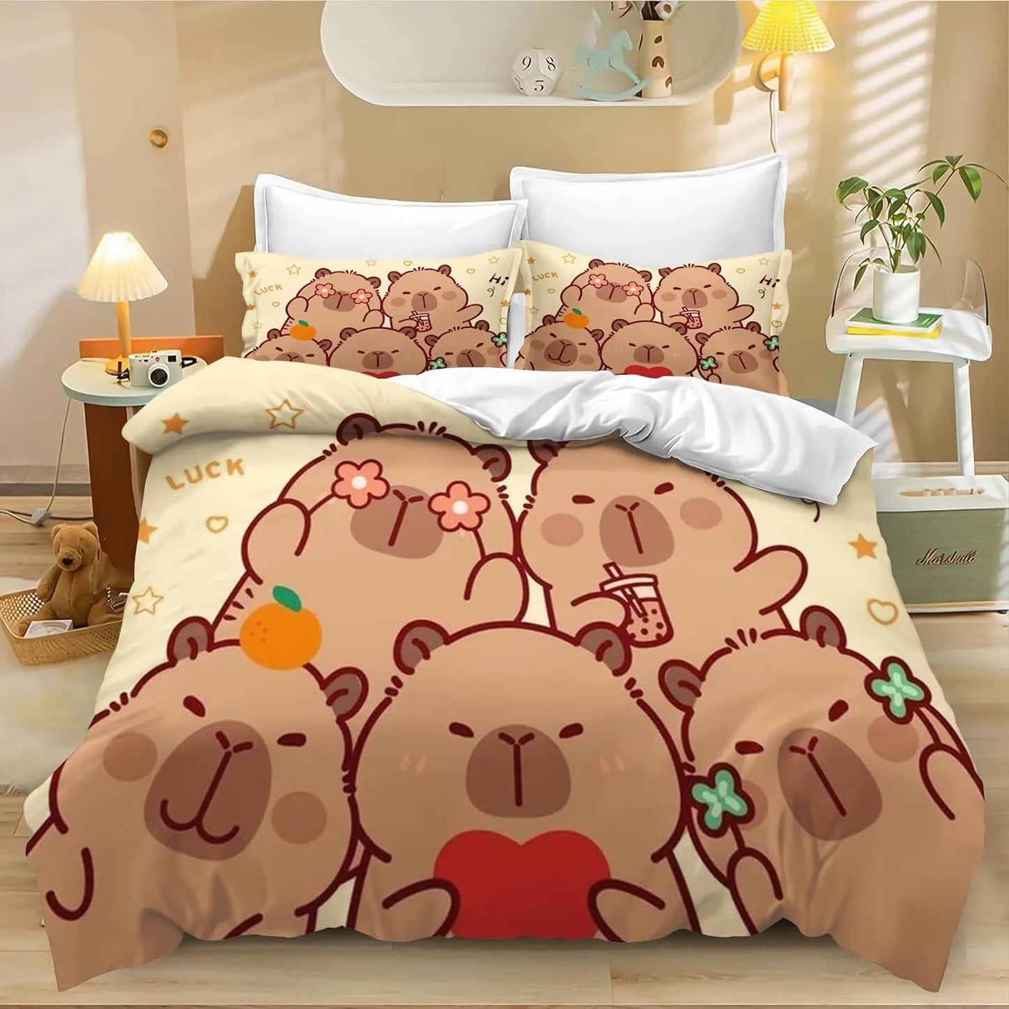 4-teiliges Cartoon-Capybara-Bettwäsche-Set mit Bettbezug und Kissenbezug, Capybara-Bettwäsche für Erwachsene, Jungen und Mädchen, Schlafzimmerdekoration für Kinder, Einzel- und Doppelgröße
